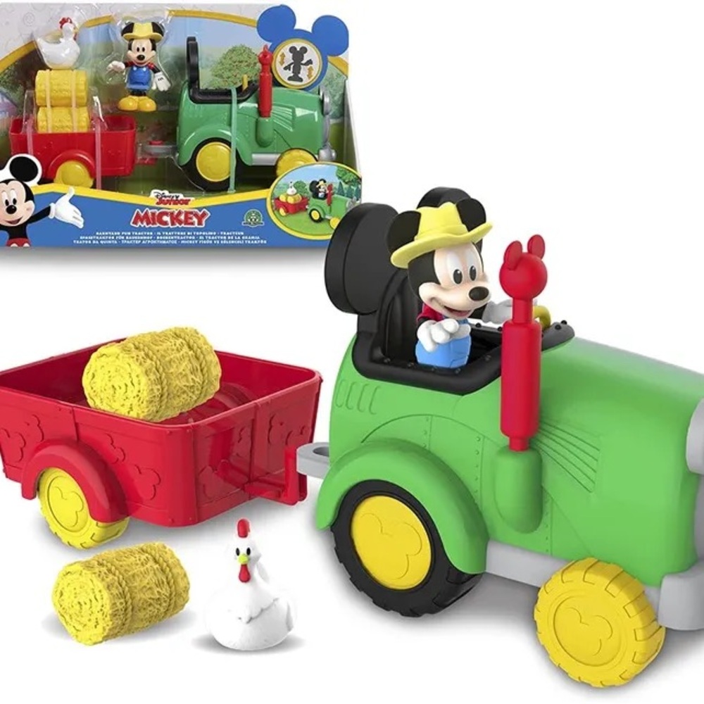 Disney Mickey Mouse Green Tractor with Red Trailer - Picture 2 of 7